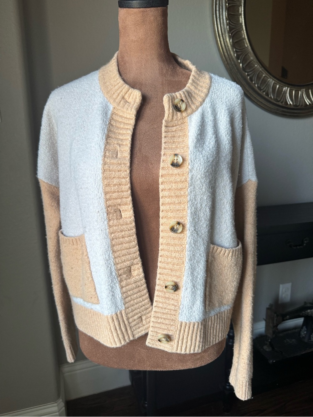 Madewell Cream and Tan Wool Blend Colorblock Button Sweater Cardigan Small